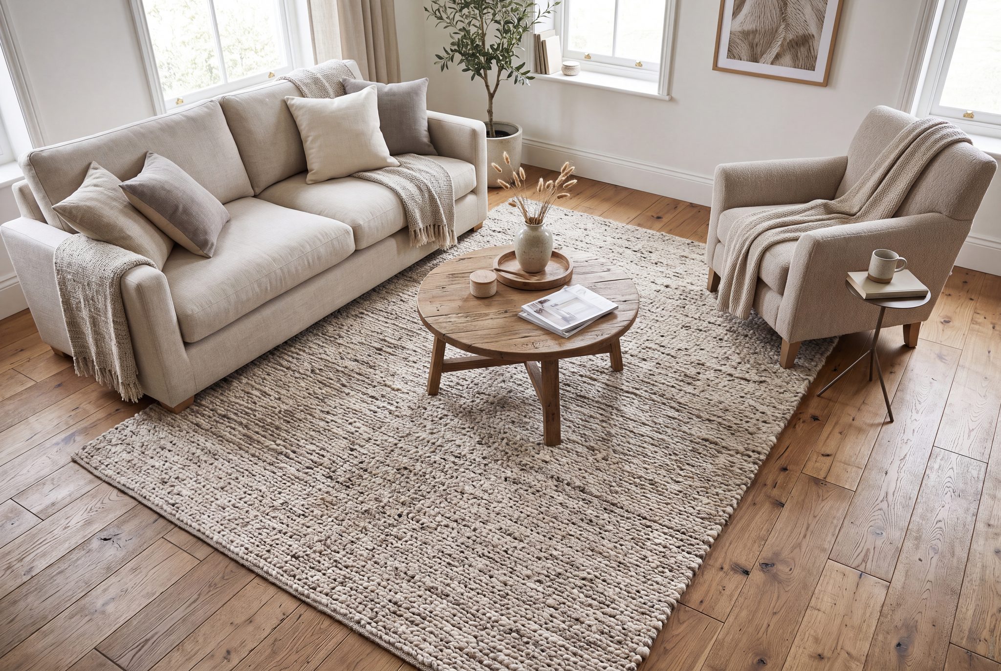 Großer Wollteppich im Wohnzimmer unter Sofa und Sesseln, der die Möbel visuell zusammenbindet
