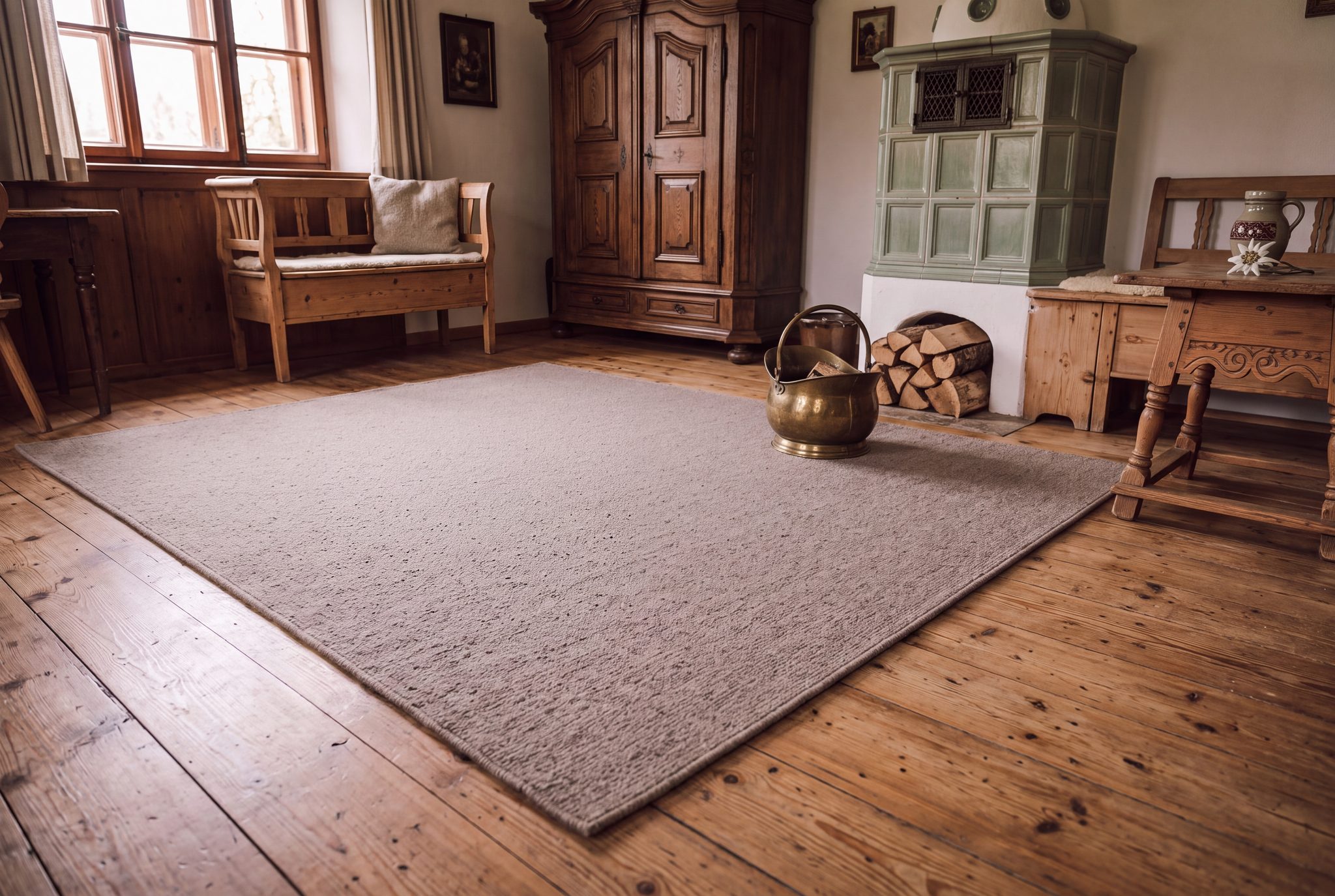 Handgewebter Fleckerlteppich in traditioneller bayerischer Stube mit rustikal-ländlichem Ambiente