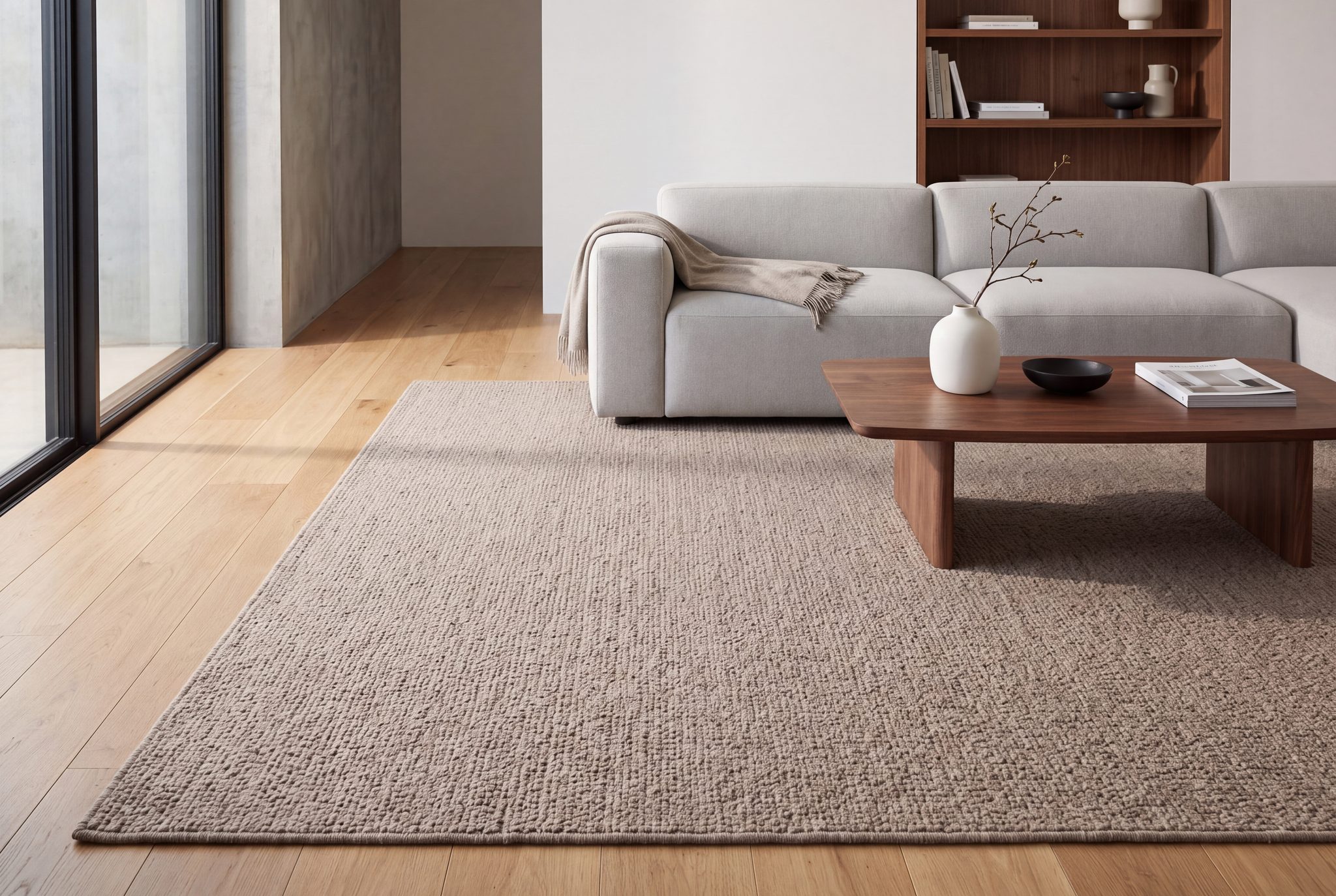 Fleckerlteppich in modernem, minimalistischem Wohnraum mit zeitgenössischer Einrichtung und klarem Design