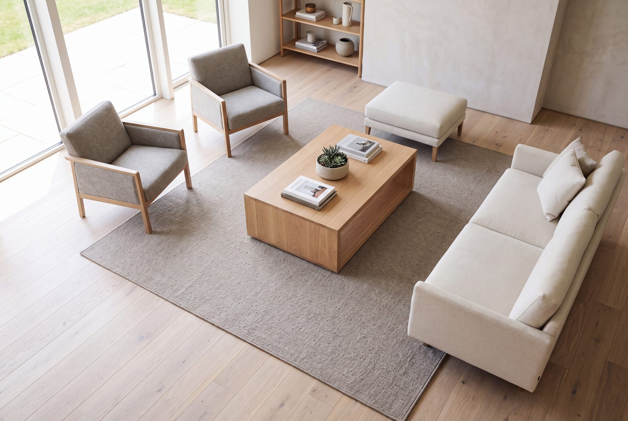 Handgewebter Teppich unter Couchtisch im modernen hellen Wohnzimmer